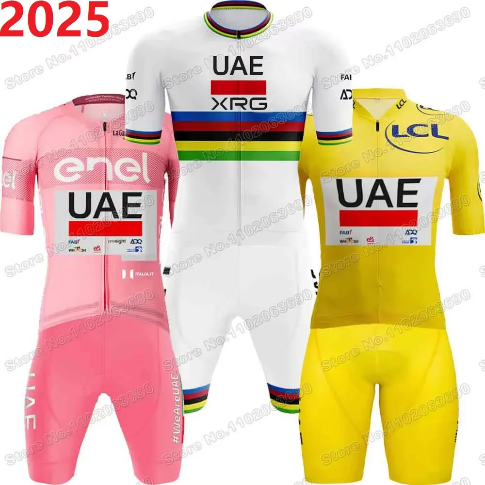 Team UAE 2025 Cycling Jersey TDF Set Slovenia Tadej Pogacar Cycling Clothing White Yellow Road bike Shirt Suit Bicycle Bib Pants