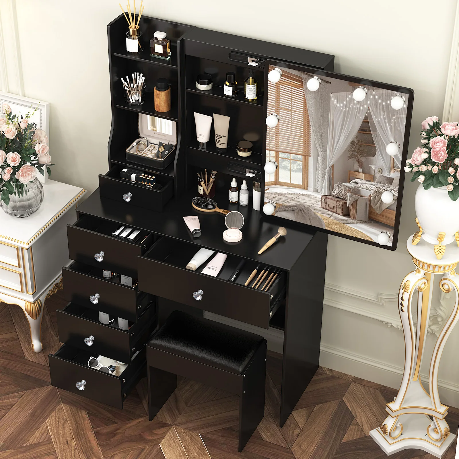 Black Modern Vanity Set with LED Sliding Mirror 6 Drawers & Stool 3 Color Dimmable Easy Assembly Sturdy Frame Makeup Desk