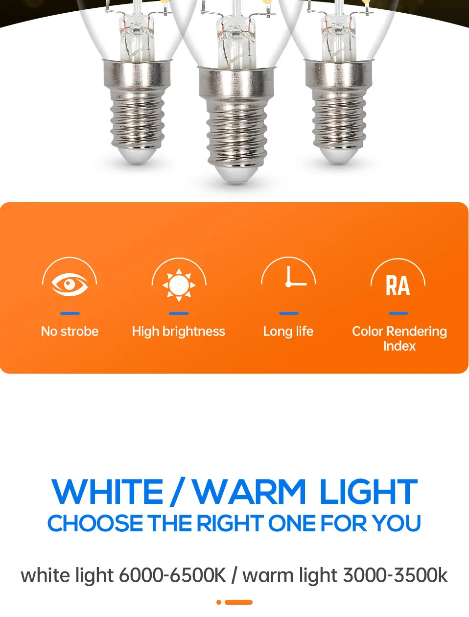 Description Picture 3 of itemDimmable E14 LED Filament Bulb Edison Retro Candle Light 4W/6W Warm/Cold White AC220-240V 360 Degree C35 Chandelier Lamp