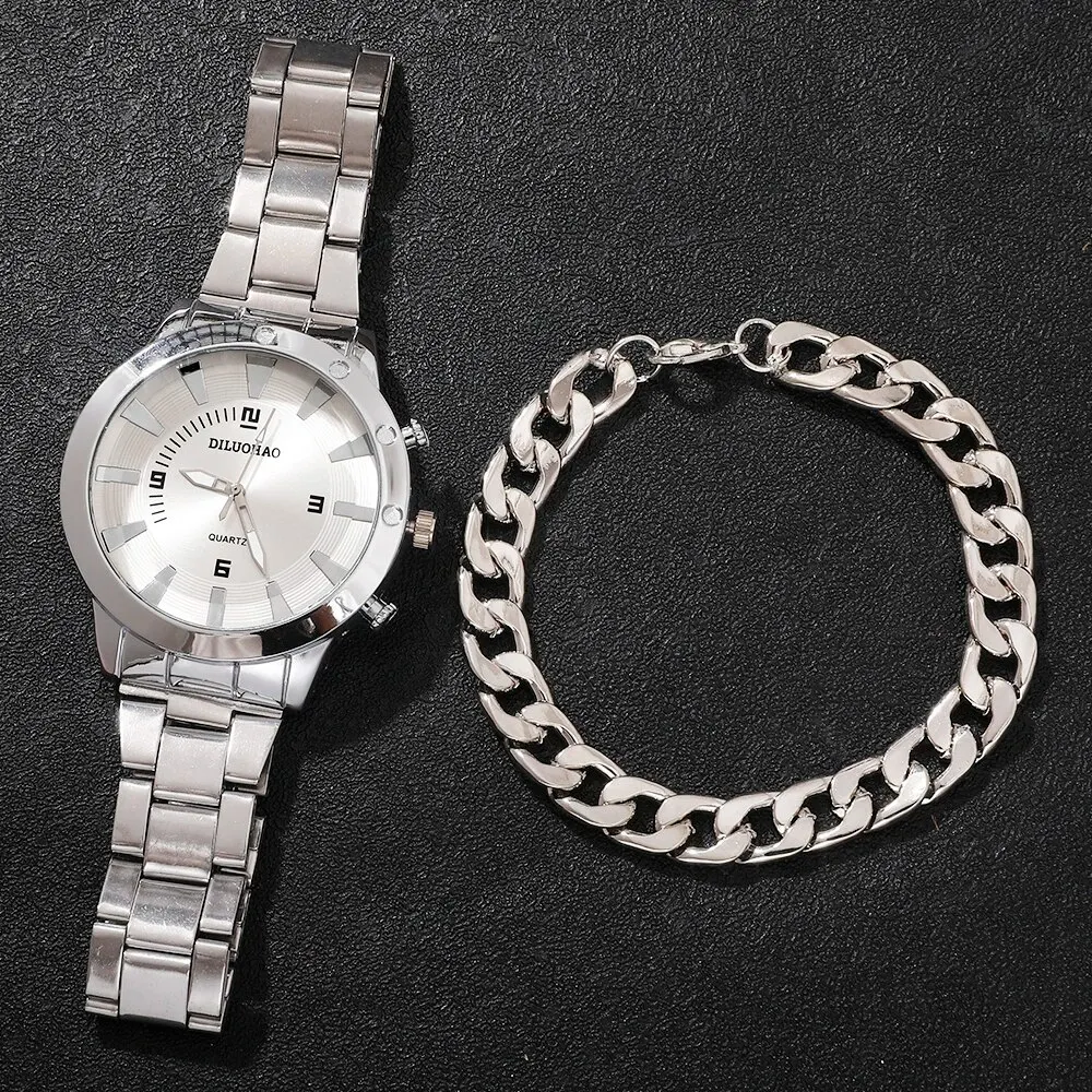 2Pcs Men's Business Leisure Quartz Watch Analog Stainless Steel Wrist Watch & Bracelet, Gift For Men Watch