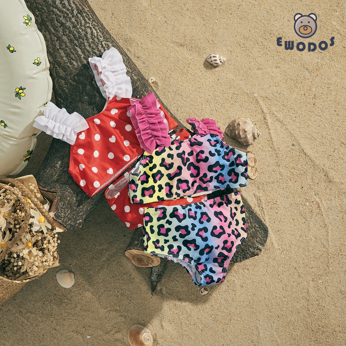 

EWODOS 2-7 Years Kids Girl 2pcs Swimsuits Summer Bikini Set Leopard/ Heart Dot Print Sleeveless Tank Tops with Shorts Swimwears