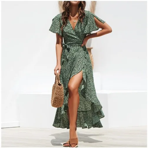 

Dresses For Women 2023 Summer Printing Short Sleeved Dress Tie Waist Dress Sexy V Neck Dresses For Ladies Beach Bohemian Dress