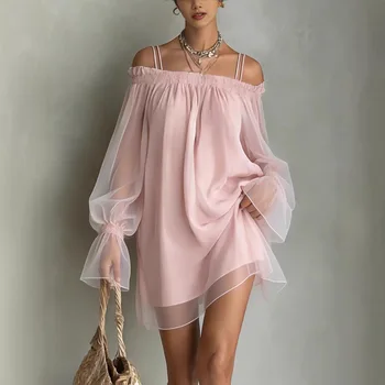 Double Strap Vestidos Off Shoulder Dress Sexy Sweet Vestido Fairy Mini Loose Dresses Summer New Sheer Mesh Long Sleeve Ropa Muje 1