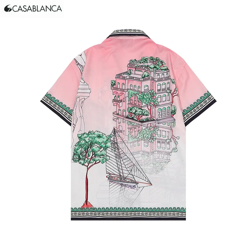 

CASABLANCA Printing Polyester Short Sleeve Artistic Elements Lapel Collar Stripe TEE Men Women Thin Breathable Oversize Shirt