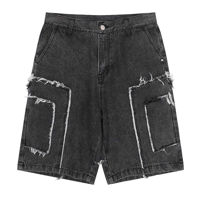 

Hip Hop Y2K Ripped Denim Shorts Men Harakuju Vintage Washed Jeans Shorts Washed Streetwear Black Shorts