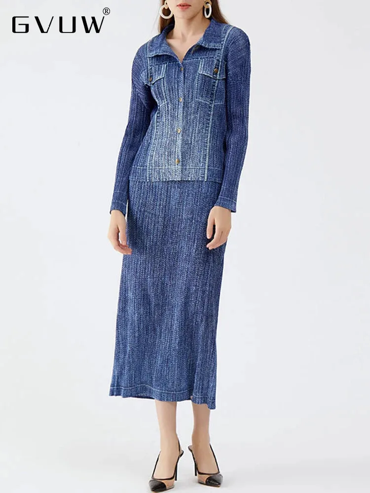 

Женский плиссированный комплект из двух предметов GVUW, однобортный Топ с отложным воротником и длинным рукавом и юбка в винтажном стиле, Новинка лета 2024, Женский 17G6705