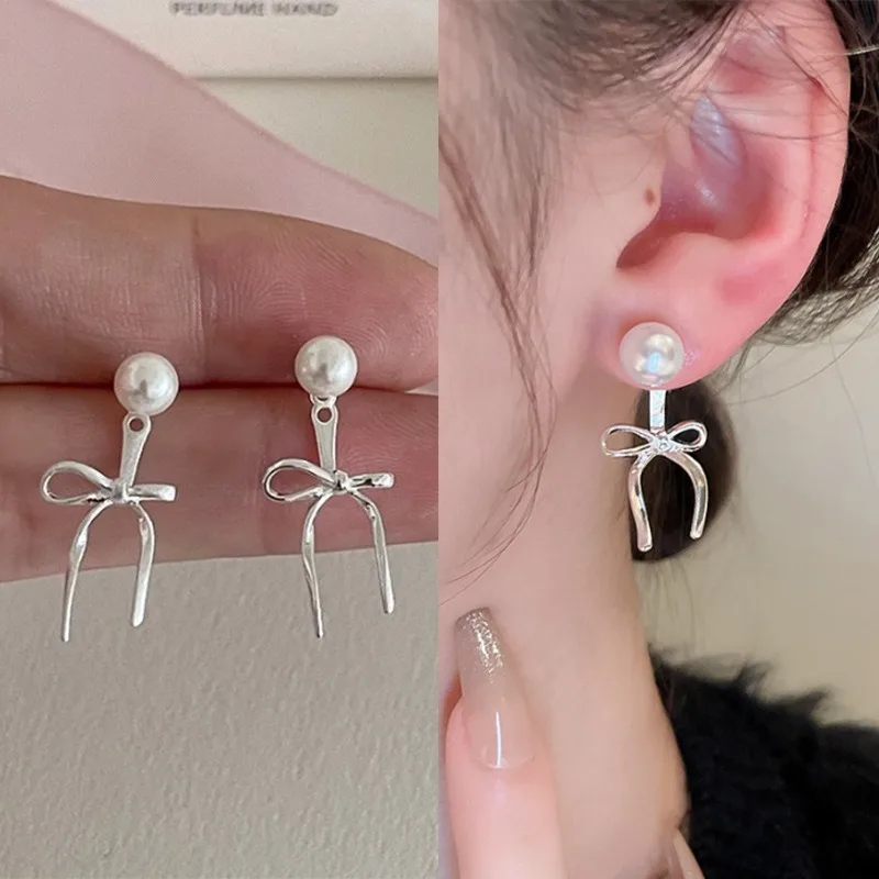 New Sweet Cute Bow Knot Stud Earrings for Women Girls Silver Color Simple Minimalist Ear Clip Aesthetic Jewelry Gift