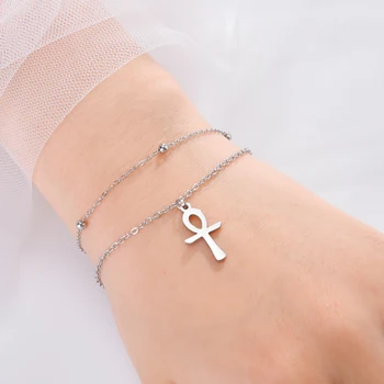 Dawapara Egyptian Ankh Cross Bracelet for Women Men Religious Cross Charm 17cm/21cm Stainless Steel Jewelry