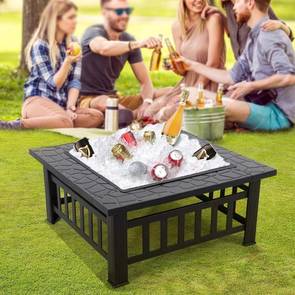 34in Fire Pit Table Outdoor Wood Fire Pits Pits for Outside Patio Square Steel Stove with Mesh Screen, Waterproof Cover &