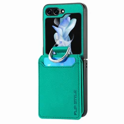 Lychee Pattern Leather Wallet Case with Card Holder and Finger Ring - Soft Cover for Samsung Z Flip 7 (Green)