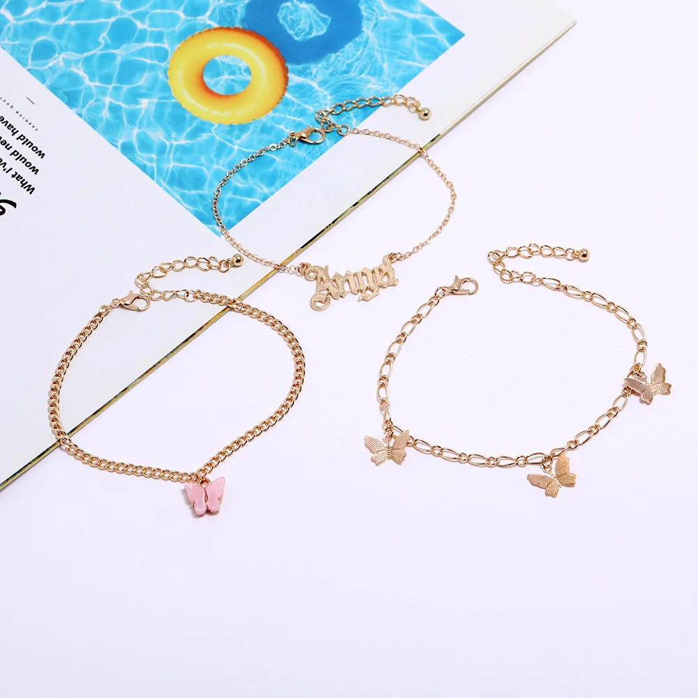 Cute Butterfly Angel Letter Pendant Anklets For Women Gold Silver Color Foot Chain Beach Jewelry Ankle Bracelet Summer Accessory