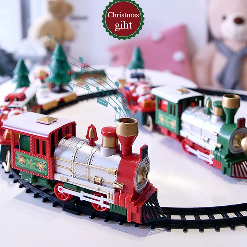 

Christmas Train Electric Toys Christmas Tree Decoration Train Track Frame Railway Car with Sound Light Rail Car Christmas Gifts