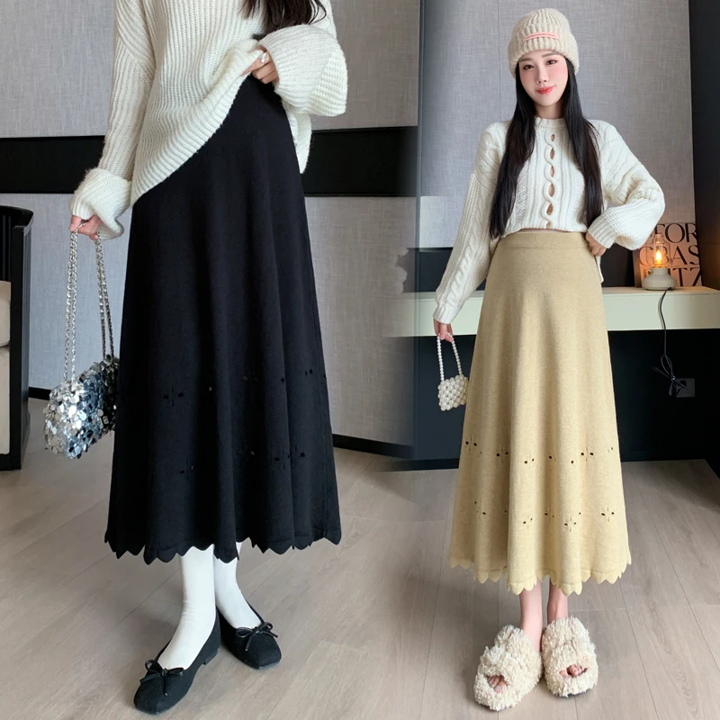 Pregnant Women Winter Fashion Style Tall Waist Abdomen Knitting Skirts High Waist Full-skirted Plaid Umbrella Skirts Black Gray