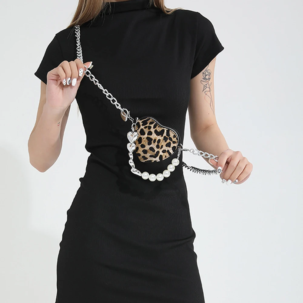 Mini Leopard Heart Shaped Handbags Pearls Chains Crossbody Bags for Women Cute Beaded Shoulder Bag Coins Purses Evening Clutch