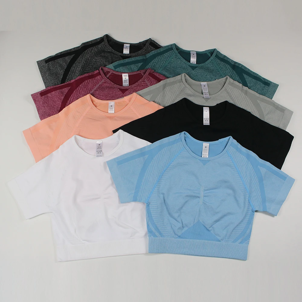 Gym Shirts Seamless Crop Tops Yoga Fitness Women Tights Sports Short Sleeve Running Workout Ombre Sportswear Activewear LANTECH
