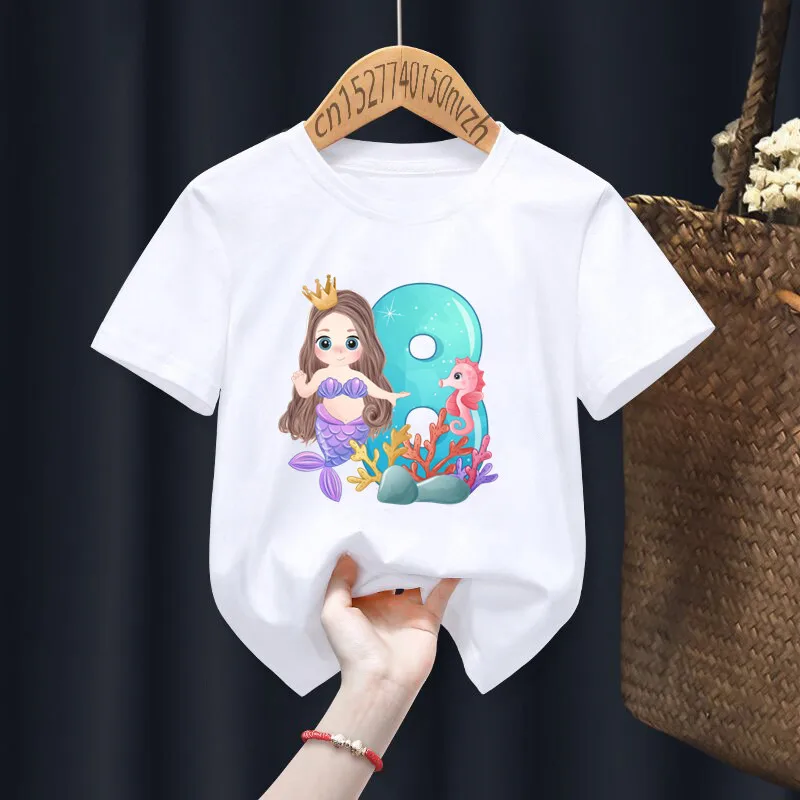 Mermaid Verjaardag Cijfers Print Jongen Meisje Wit T-shirt Kid Zomer Harajuku Kawaii Grappige Kleren Kleine Baby Y2K Kleding, drop Schip