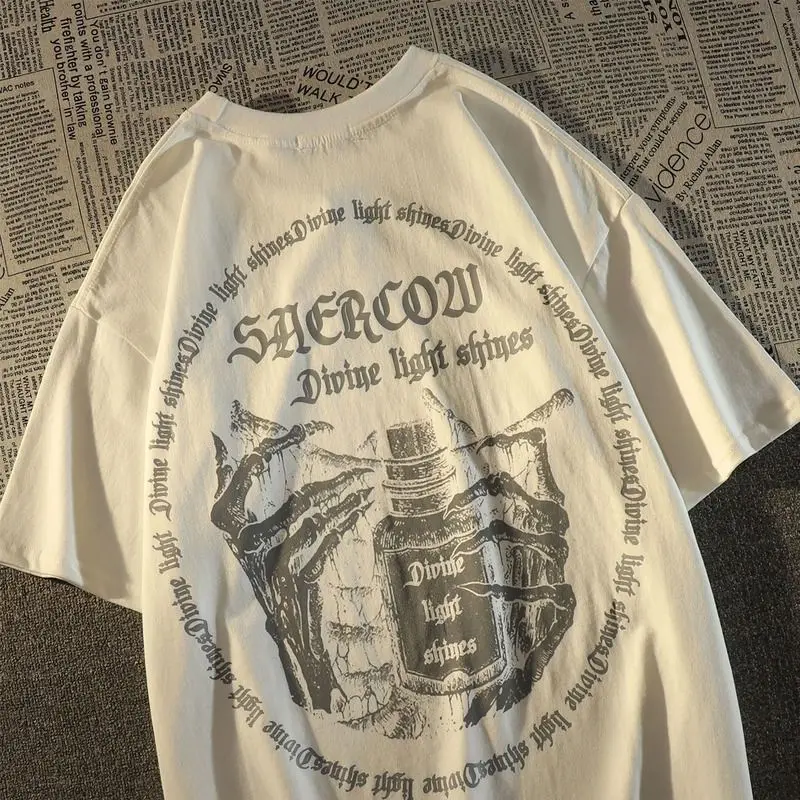 

American Vintage Witchcraft Medicine Bottle Short Sleeve T-shirt for Men and Women Oversize Summer Loose Casual Couple Top Ins