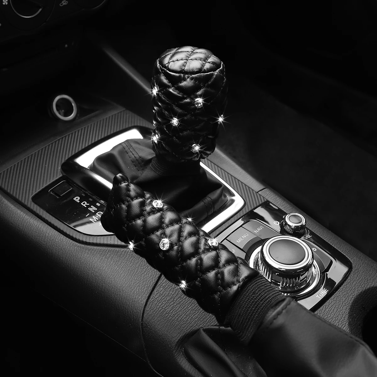 2 Sets Diamond-set Bling Artificial Sheepskin Stereo Embroidery Car Handbrake Set Gear Set Manual Gear Automotive Supplies