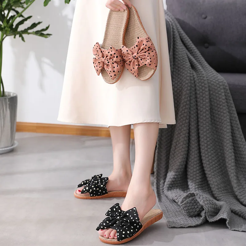 Summer Bowknot Linen Slippers Women Japanese Cute Wave Point Home Indoor Shoes Non-Slip Women's Linen Slippers