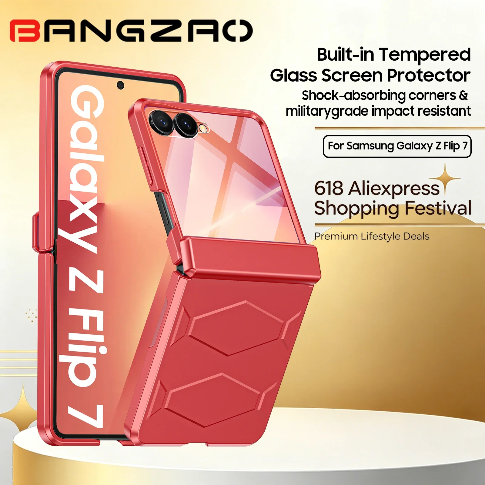 Rose Red Full Hinge Protection Case with Built-in Tempered Glass and Military Drop Proof Cover