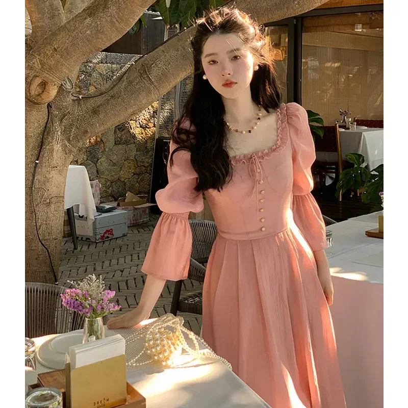 

Sweet Sister Korea Elegant Pink Dress Square Collar A Line Midi Sundress Ruffle Dress