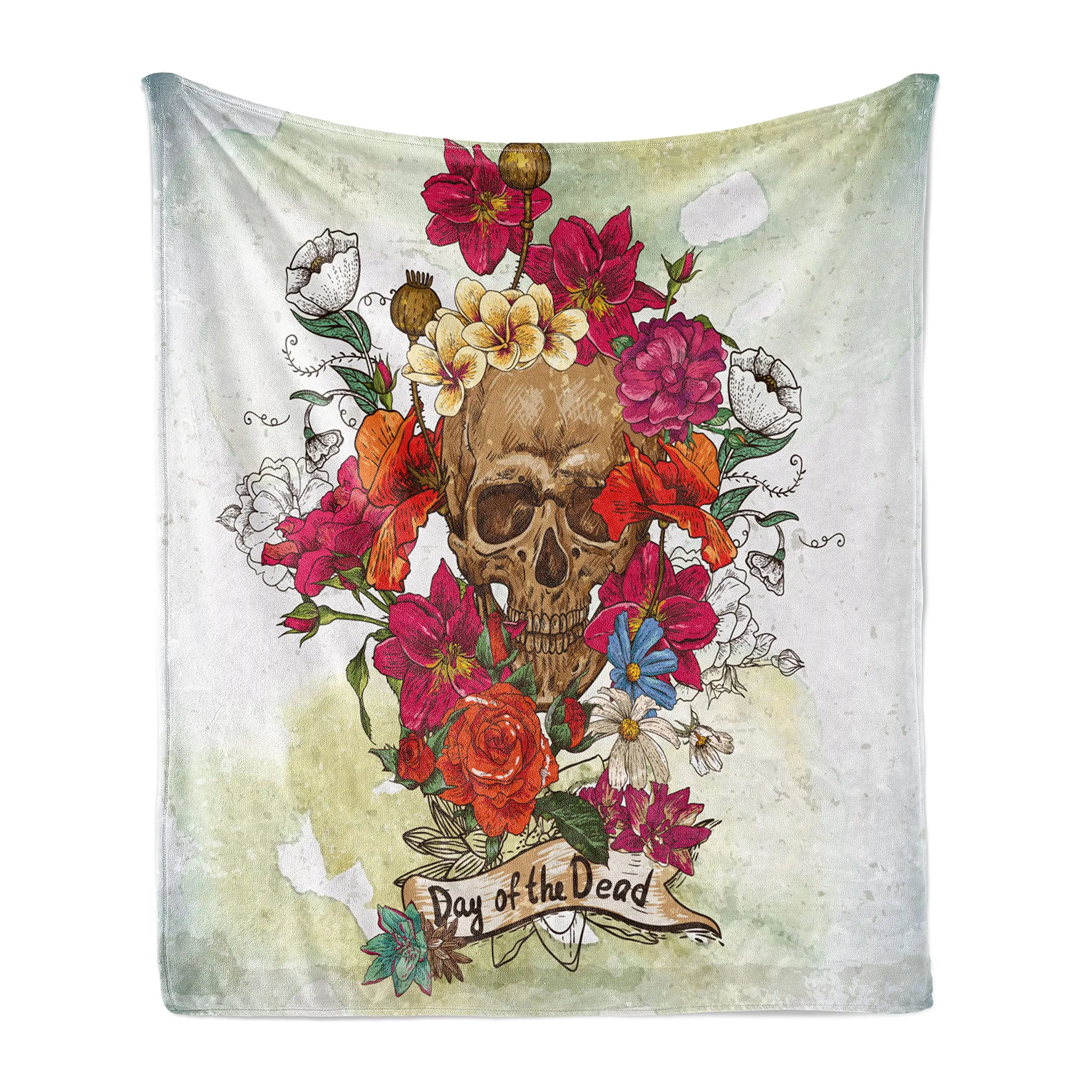 

Day of The Dead Throw Blanket Skull Dead Head with Flowers Daisies Spanish Tradition Celebration Flannel Blanket for Home Gifts