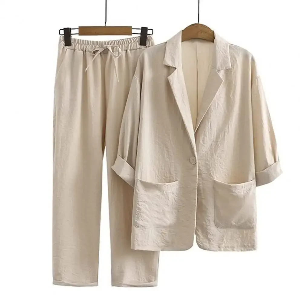Women's cotton and linen 2-piece suit jacket trousers Spring and autumn loose fashion casual cotton and linen suit top set