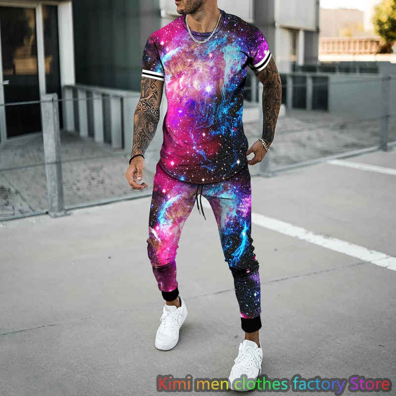 Starry sky 3D Print Men tshirt set Summer Streetswear Tracksuits Male Short Sleeve T Shirt Long Pants 2 Piece Sets Casual Suit