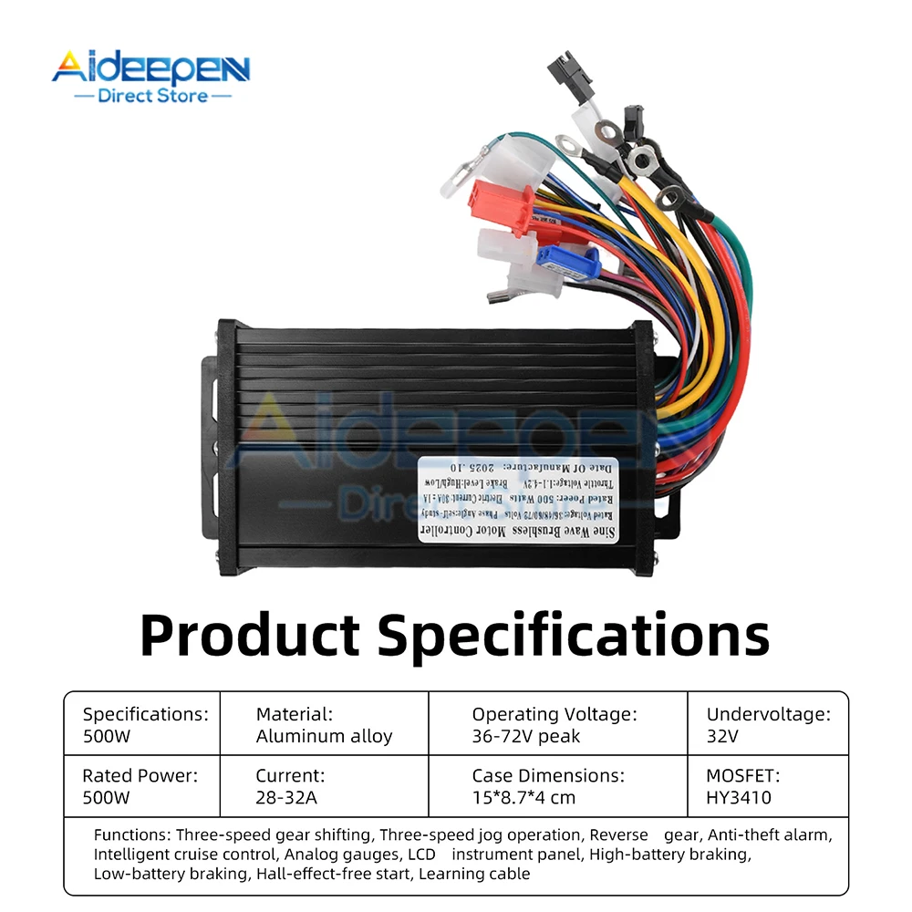 Controller a Onda Sinusoidale 500W 36V-72V Brushless 30A con 3 Velocità Regolabili, Retromarcia, Cruise Control, Antifurto e Freno Alto/Basso per Scooter Elettrico - immagine 4