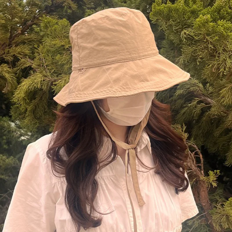 

Korean Bucket Hat Summer Simple Fisherman Caps Women Japanese Casual Lace Up Street Basin Hats Foldable Large Eaves Sun Cap