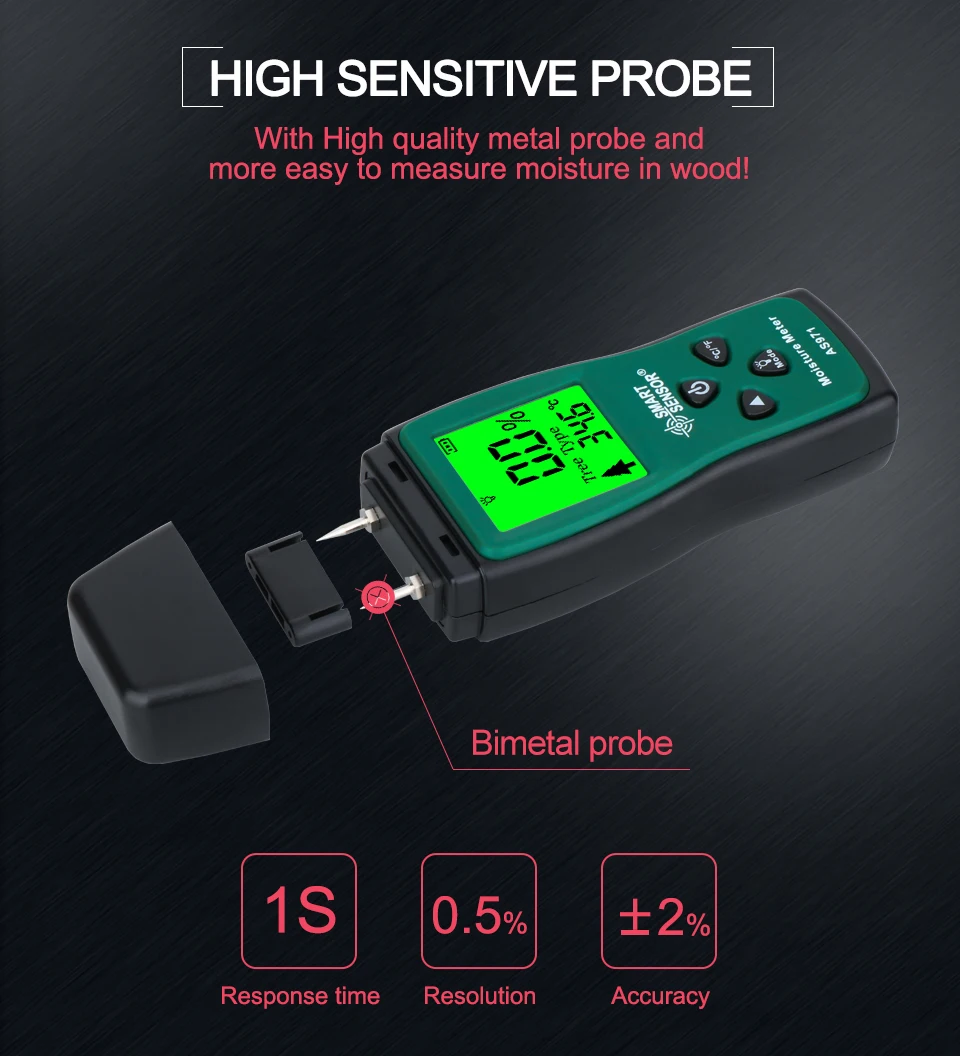 SMART SENSOR Humidity Tester AS971 Digital Wood Moisture Humidity Tester 0~40℃ W