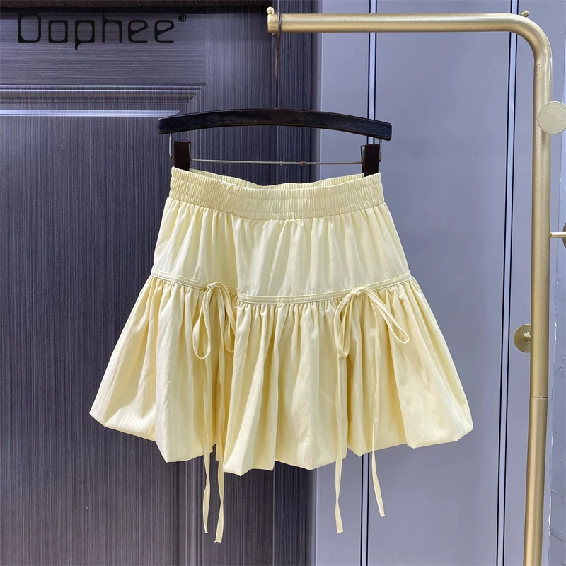 

Woman's Pleating Short Bubble Skirt 2024 Summer New Sweet Women Elastic Waist High Waist with Straps A- Line Bud Lantern Skirts