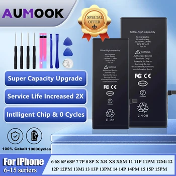 AUMOOK High Capacity Battery For iPhone 6 6S 7 8 Plus X XR XS 11 12 13 14 15 Pro Max Mobile Phone Battery For Apple 0 Cycle Seal