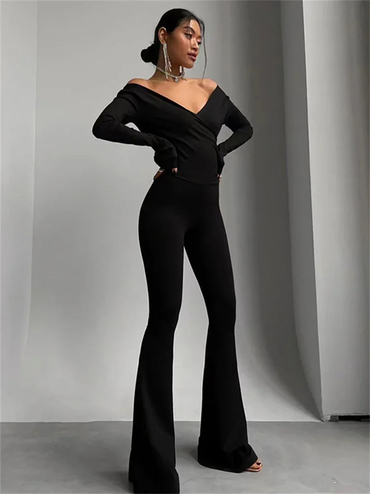 Tossy Off-Shoulder Slim Black Rompers For Women Trousers Straight High Waist Fashion Patchwork Long Sleeve Jumpsuit Streetwear