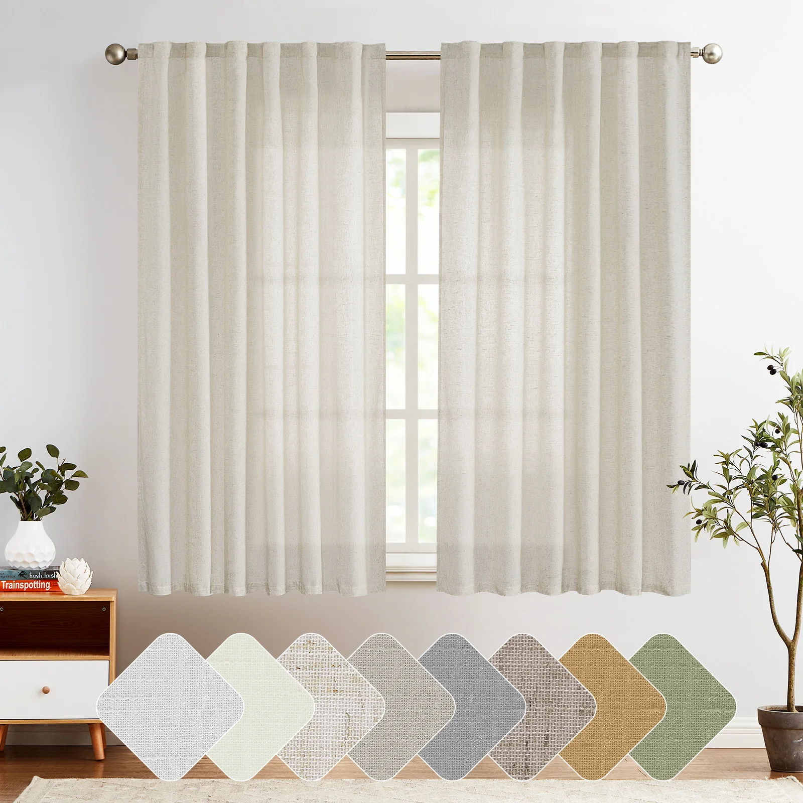 JINCHAN 127*160CM Linen Blend Curtains For Living Room Bedroom Farmhouse Rod Pocket Back Tab Light Filtering Window Drapes 1PCS 2
