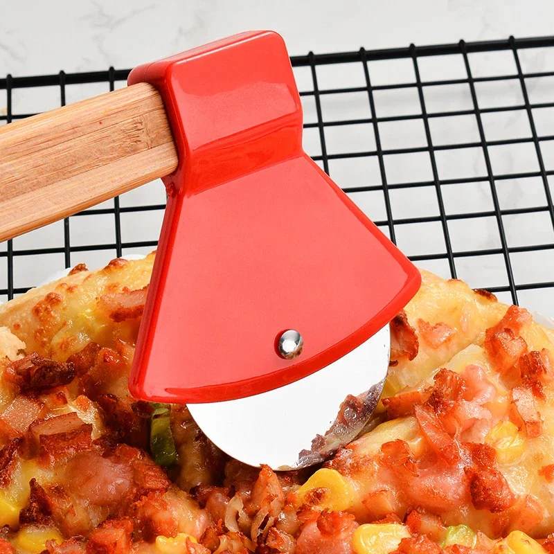 Stainless steel axe pizza cutter Wooden handle Baking tool Single wheel pie cutter 1pc pizza cutter