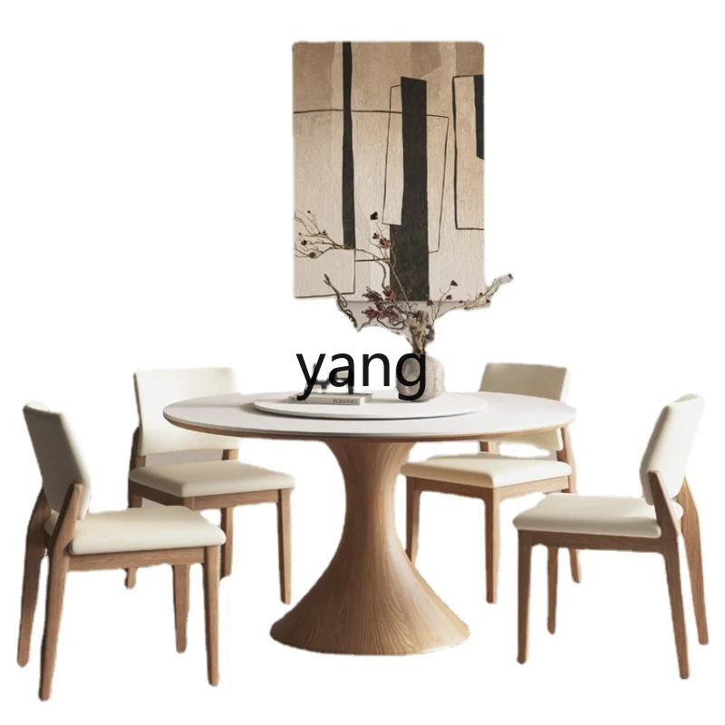 

Yjq Stone Plate round Dining Table Log Solid Wood Dining Table Modern Minimalist Dining Table Home with Turntable