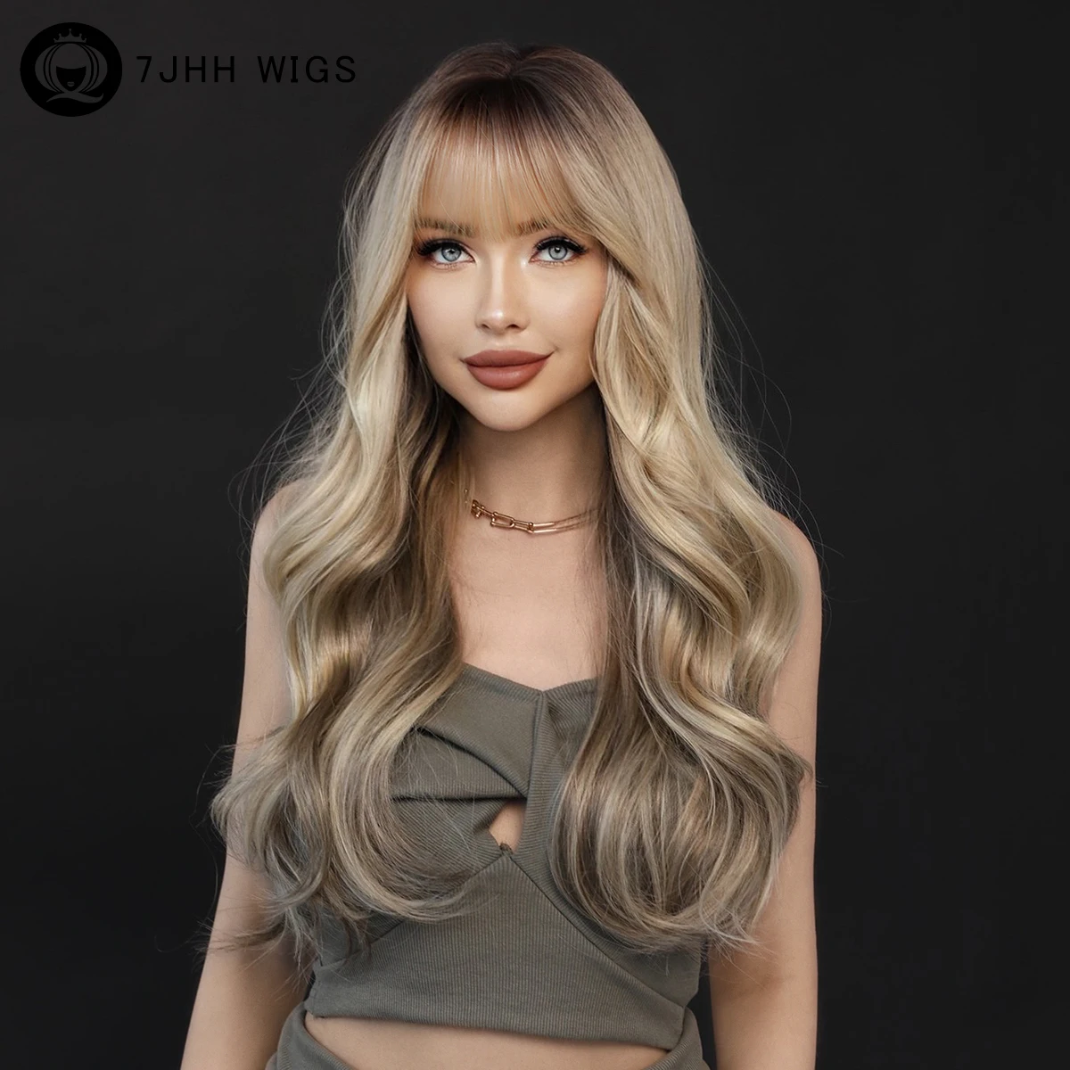 

7JHH WIGS Long Loose Wavy Blonde Wig for Women Daily Party Synthetic Brown Hair Wigs with Bangs HalloweenCosplay Natural Looking