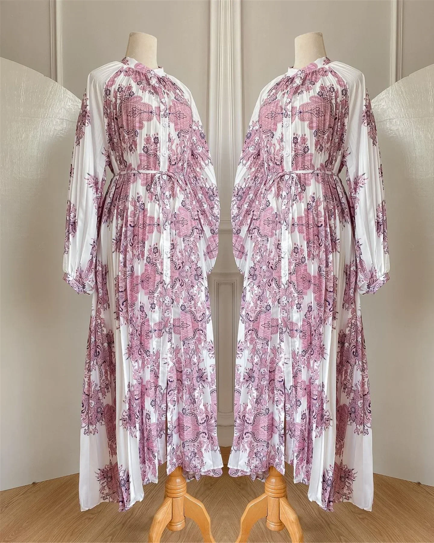 Hijab Muslim Dress Print Pleated Lantern Sleeve Loose Abaya Dubai Casual African Dresses for Women Robe Femme Musulmane Vestidos