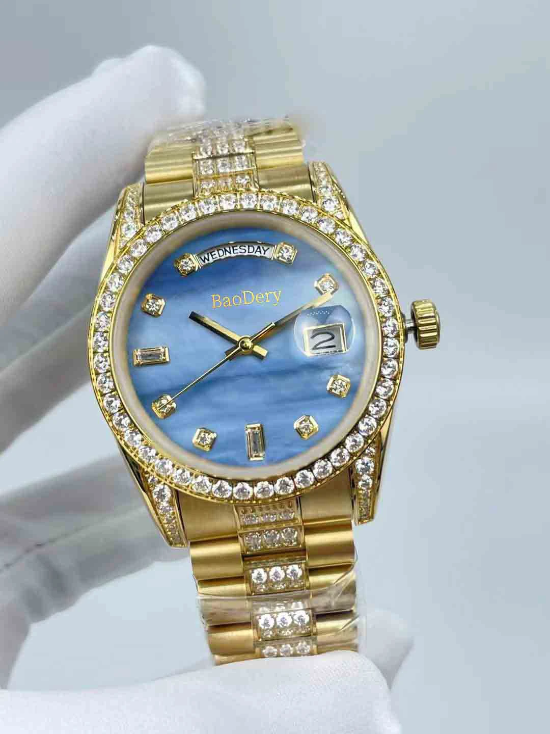 Ladies' 36mm Blue Watch - Calendar Window, Mechanical Movement, Folding Buckle