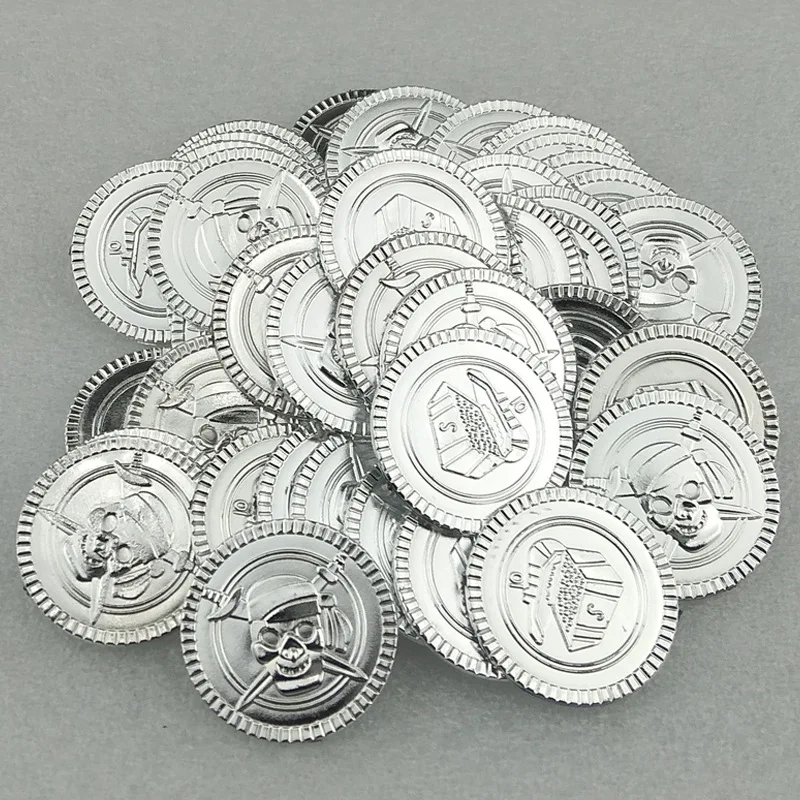 150PCS Plastic Pirate Coins Silver And Gold Bulk Treasure Hunt For Kids Gifts Halloween Cosplay Party Supplies Classroom Prizes 3