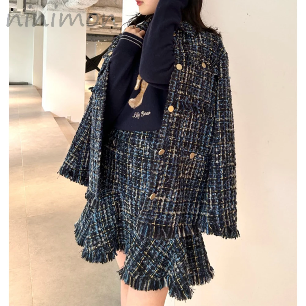 

NINIMON Tweed Mermaid Mini Skirt Button Decoration Solid Slim Commuter Suit Mini Short Skirt Small Fragrance