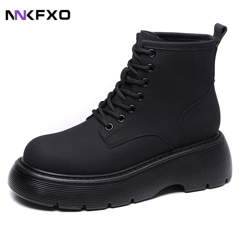 

Genuine Leather Women Autumn Winter Ankle Boots British Style Black Motorcycle Boots Woman Fashion Platform Lace Up Shoes vc4612