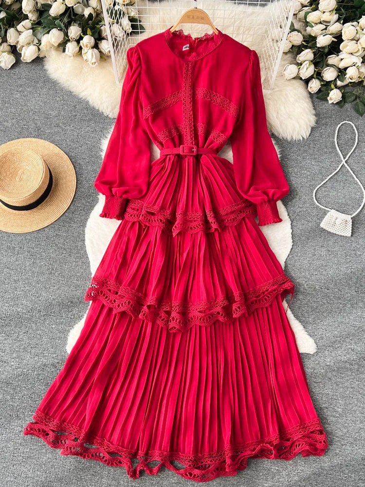 

Aibeautyer New Vintage Spring Autumn A Line O Neck Chiffon Pullover Mid-Calf Women Dresses Solid Slim Full Lady Dress