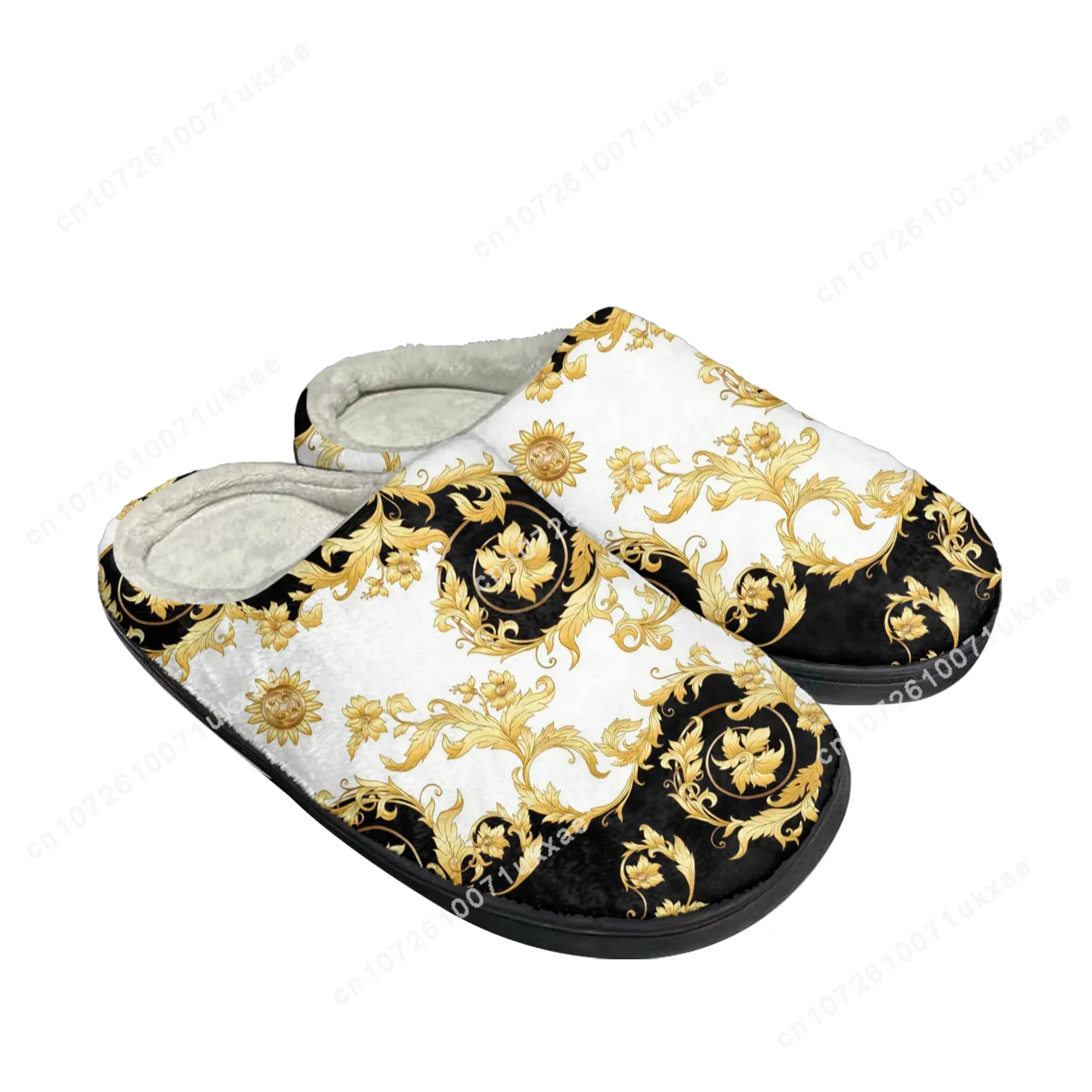 Luxury Golden Floral Baroque Home Cotton Slippers Mens Womens Plush Bedroom Casual Keep Warm Shoes Thermal Slipper Custom Shoe