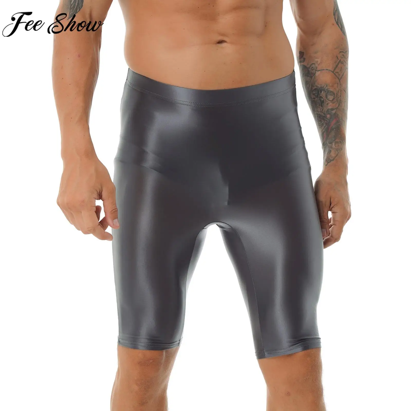 

Men Glossy Boxers Underwear Sexy Sheer High Waist Shorts Elastic Waistband Leggings Workout Sports Bottoms Swimwear Nightwear