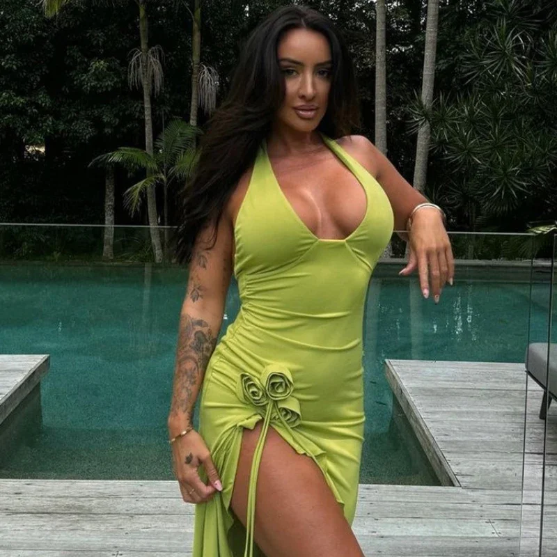 

Женское платье с V-образным вырезом, однотонное облегающее платье с высокой талией и лямкой на шее, весна-лето 2024