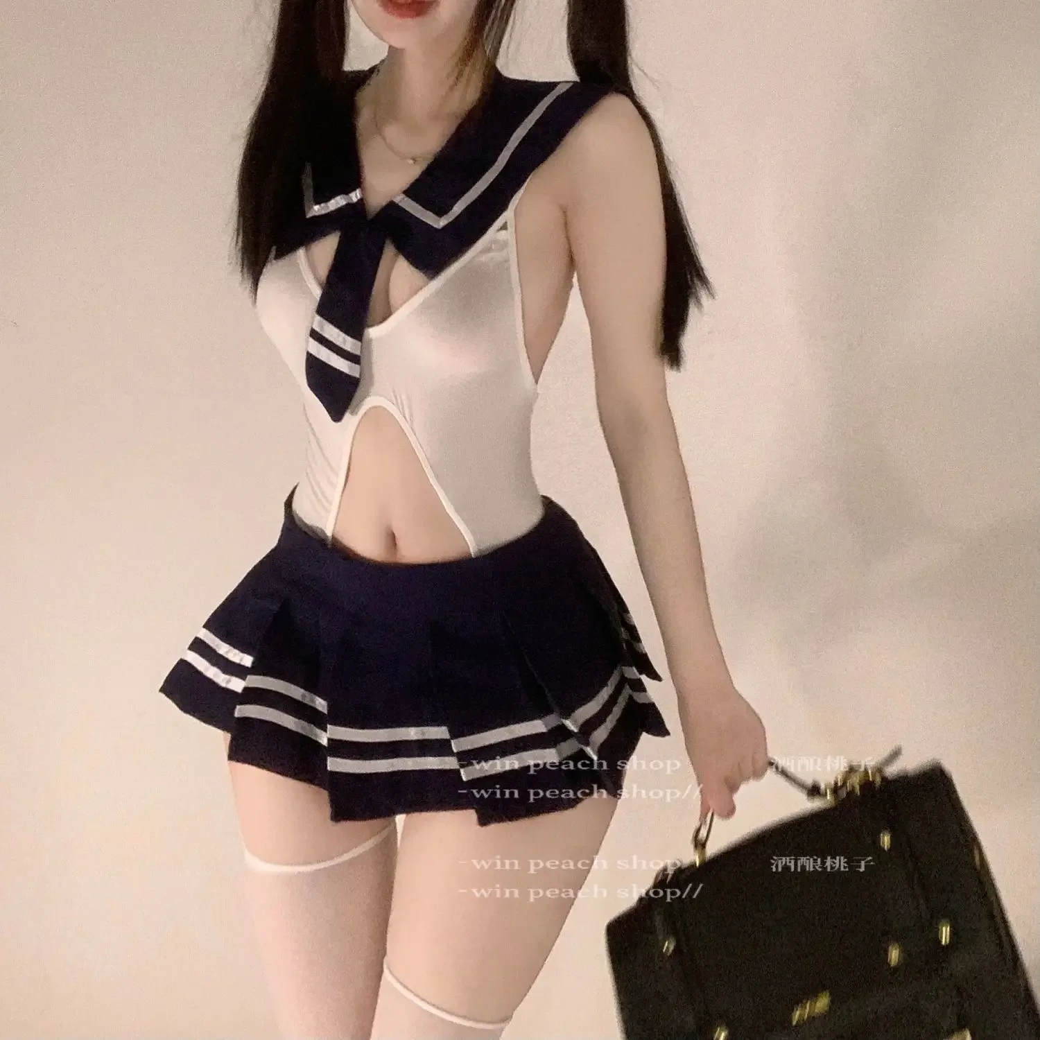 

College style erotic lingerie split pure desire uniform seduction role play breast sexy no take off short skirt three piece set