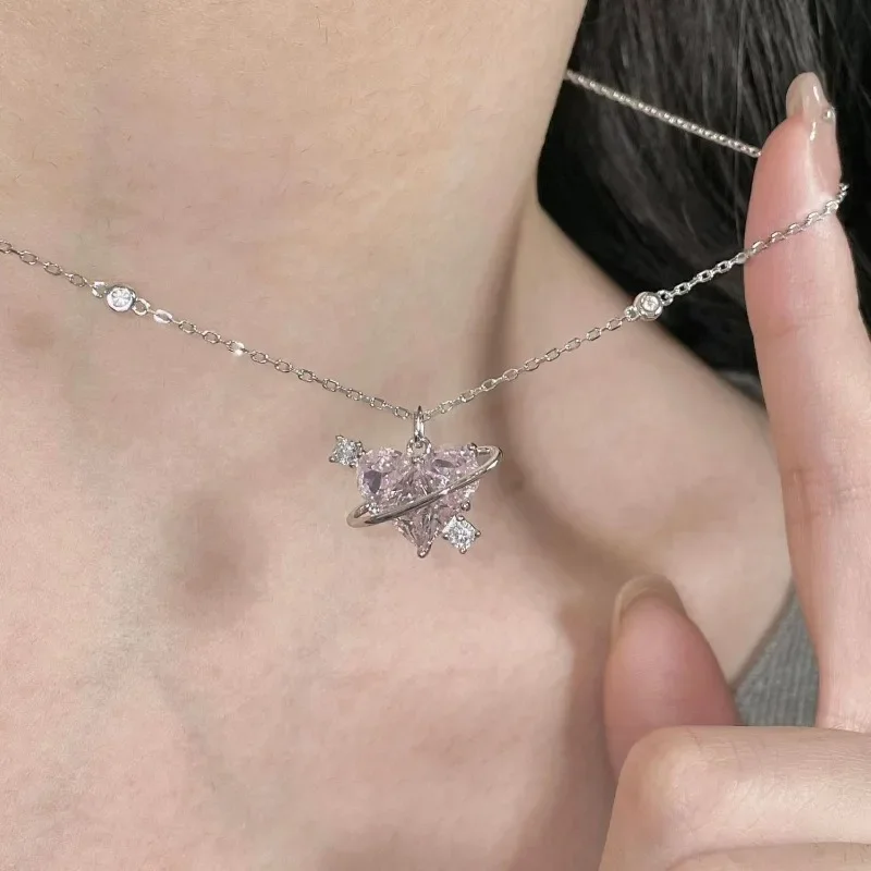 Fashion Punk Chain Necklace Y2k Crystal Pink Zircon Heart