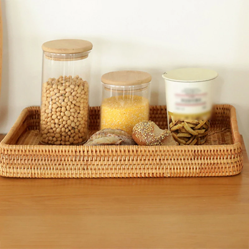 Square Wicker Tray  Handwoven Rattan Storage Basket Picnic Basket Bread Food Plate Fruit Cake Sundries Box Home Desk Decoration 5